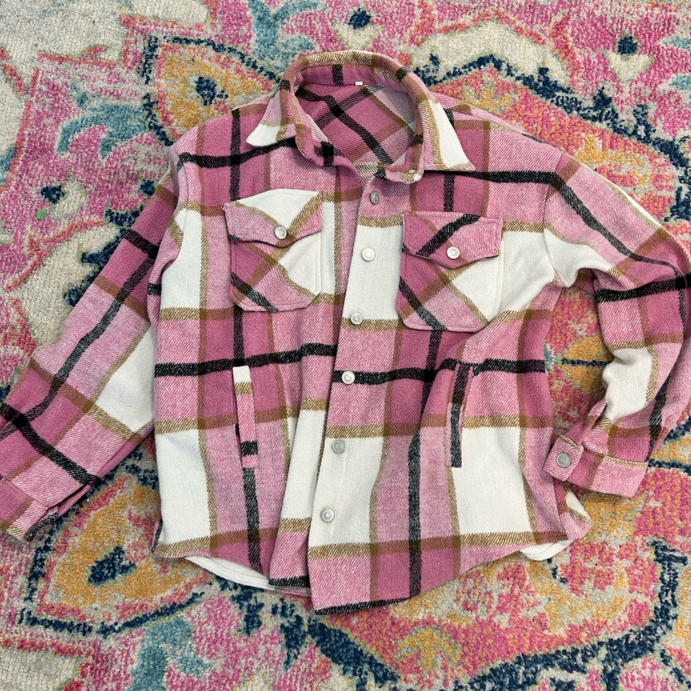 Pink and White Plaid Button-Up Shirt
